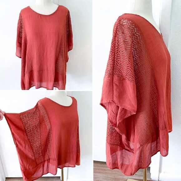 Monoreno Burnt Orange Square Open Weave Blouse - Picture 1 of 2